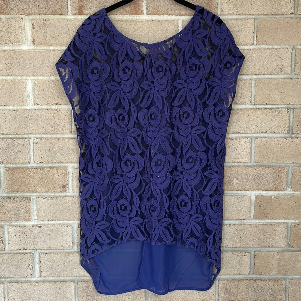 Zara Navy Floral Lace Split-Back Blouse